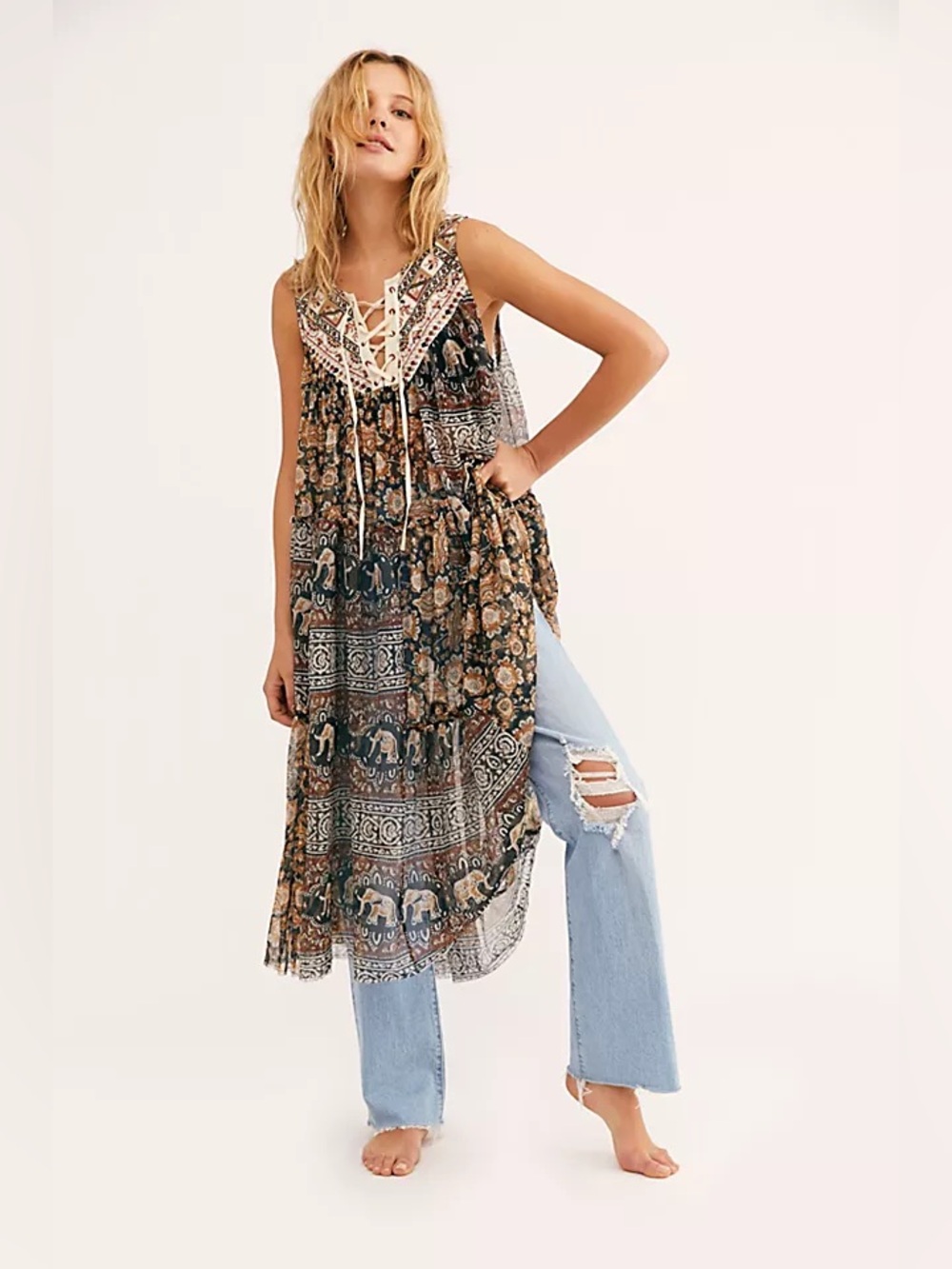 Free People M NWT Wanderers Elephant Print Embroidered Lace Up Maxi Tunic Boho